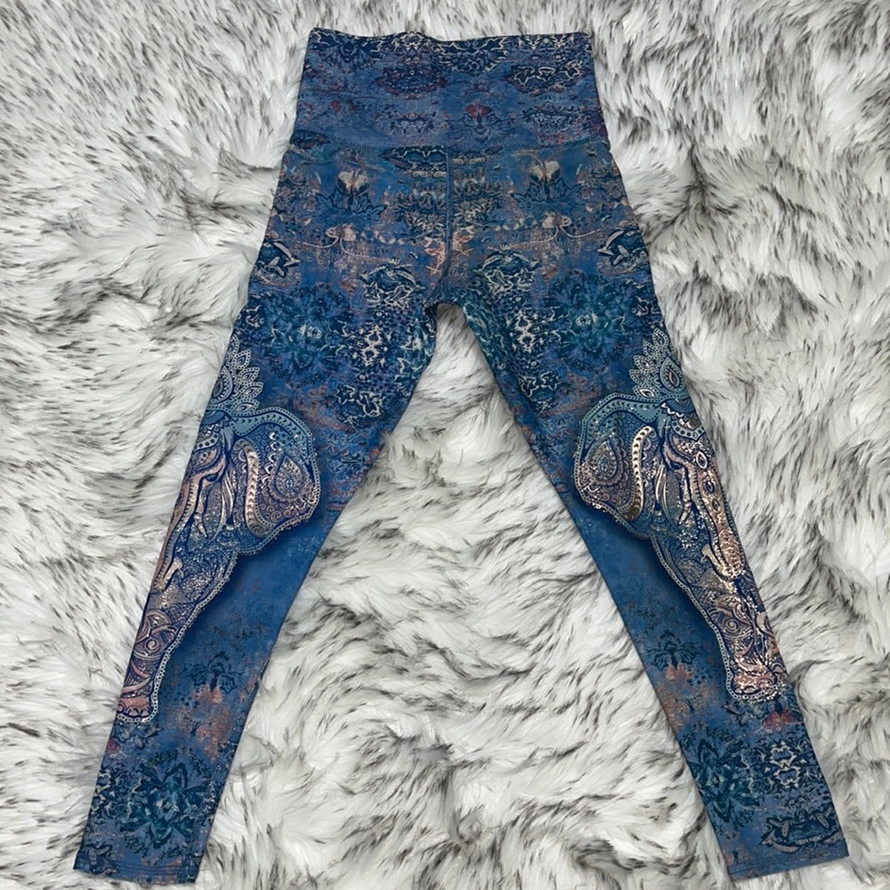 Blue Boho Metallic Elephant Print High Waist Leggings Small